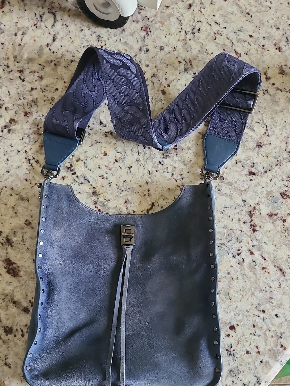 Rebecca Minkoff Blue Suede Crossbody Bag with Patterned Strap